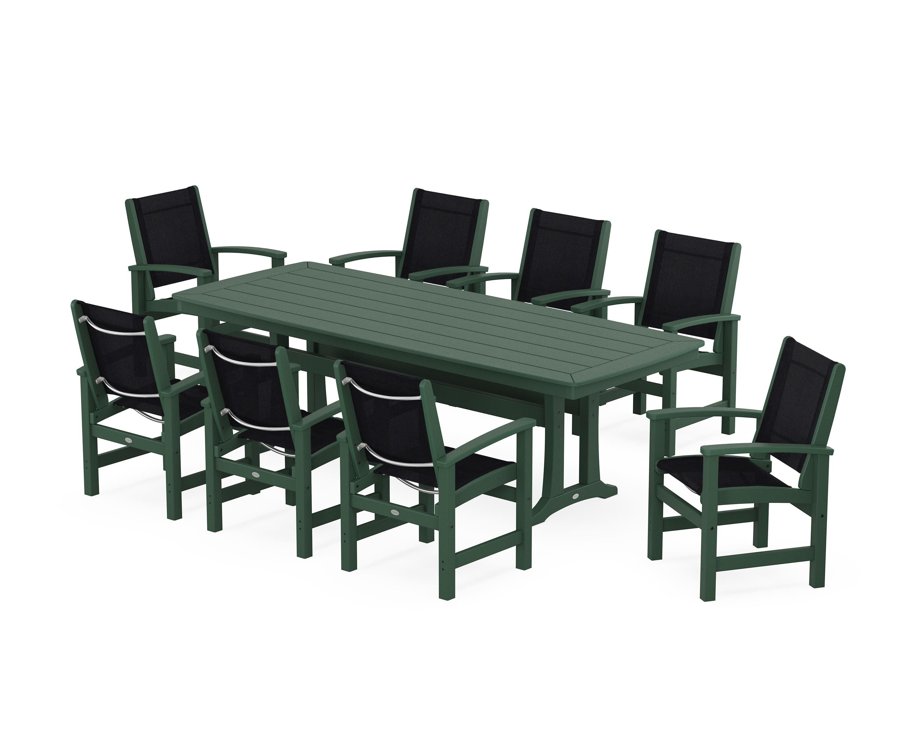 POLYWOOD® Coastal 9-Piece Dining Set with Trestle Legs in Green / Black Sling