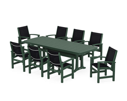 POLYWOOD® Coastal 9-Piece Dining Set with Trestle Legs in Green / Black Sling
