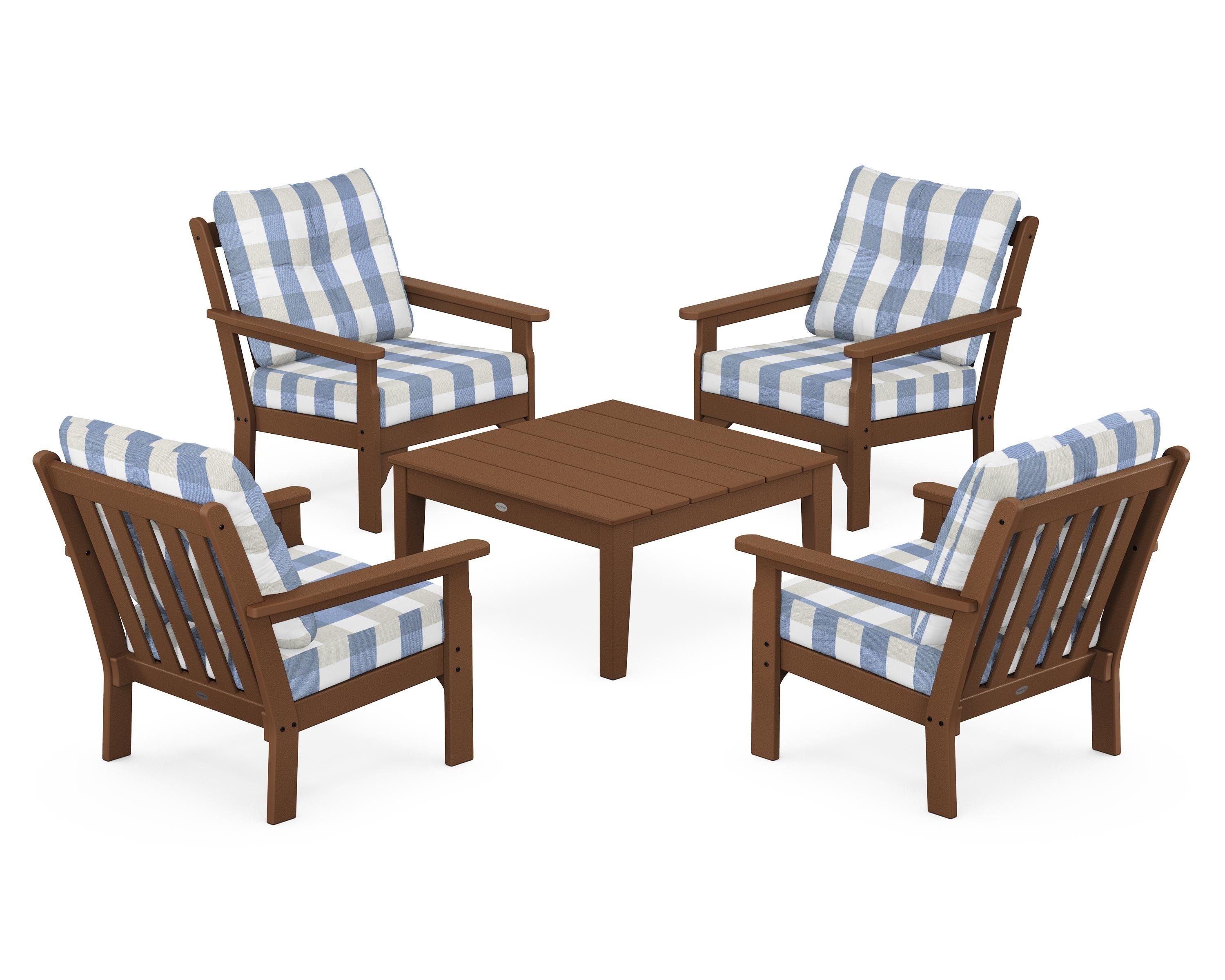 POLYWOOD® Vineyard 5-Piece Deep Seating Conversation Set in Teak / Buffalo Plaid Sky Blue