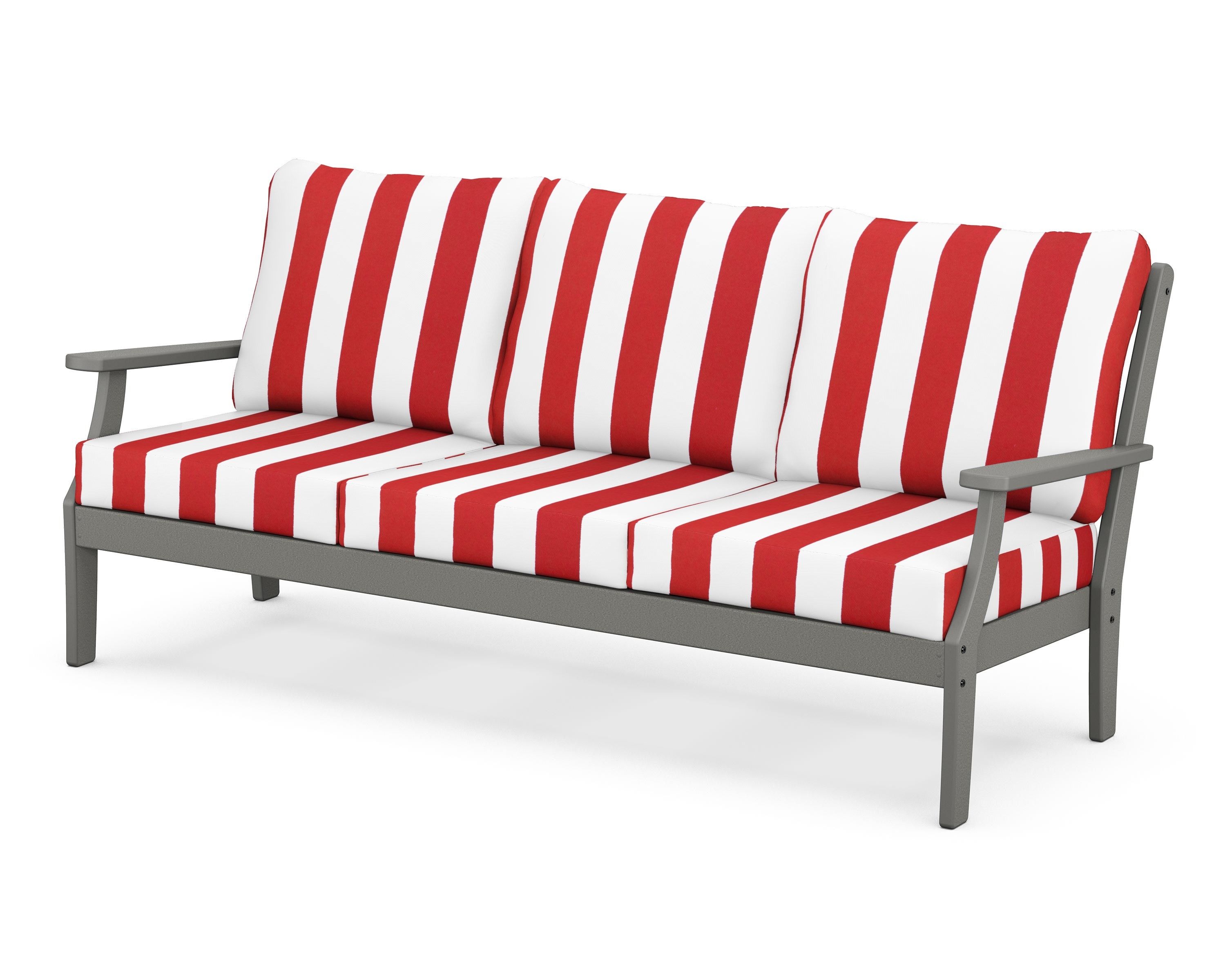 POLYWOOD® Braxton Deep Seating Sofa in Slate Grey / Cabana Stripe Crimson