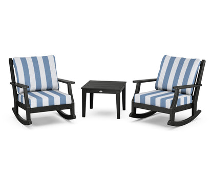 Country Living Wovendale 3-Piece Deep Seating Rocker Set in Black / Cabana Stripe Sky Blue