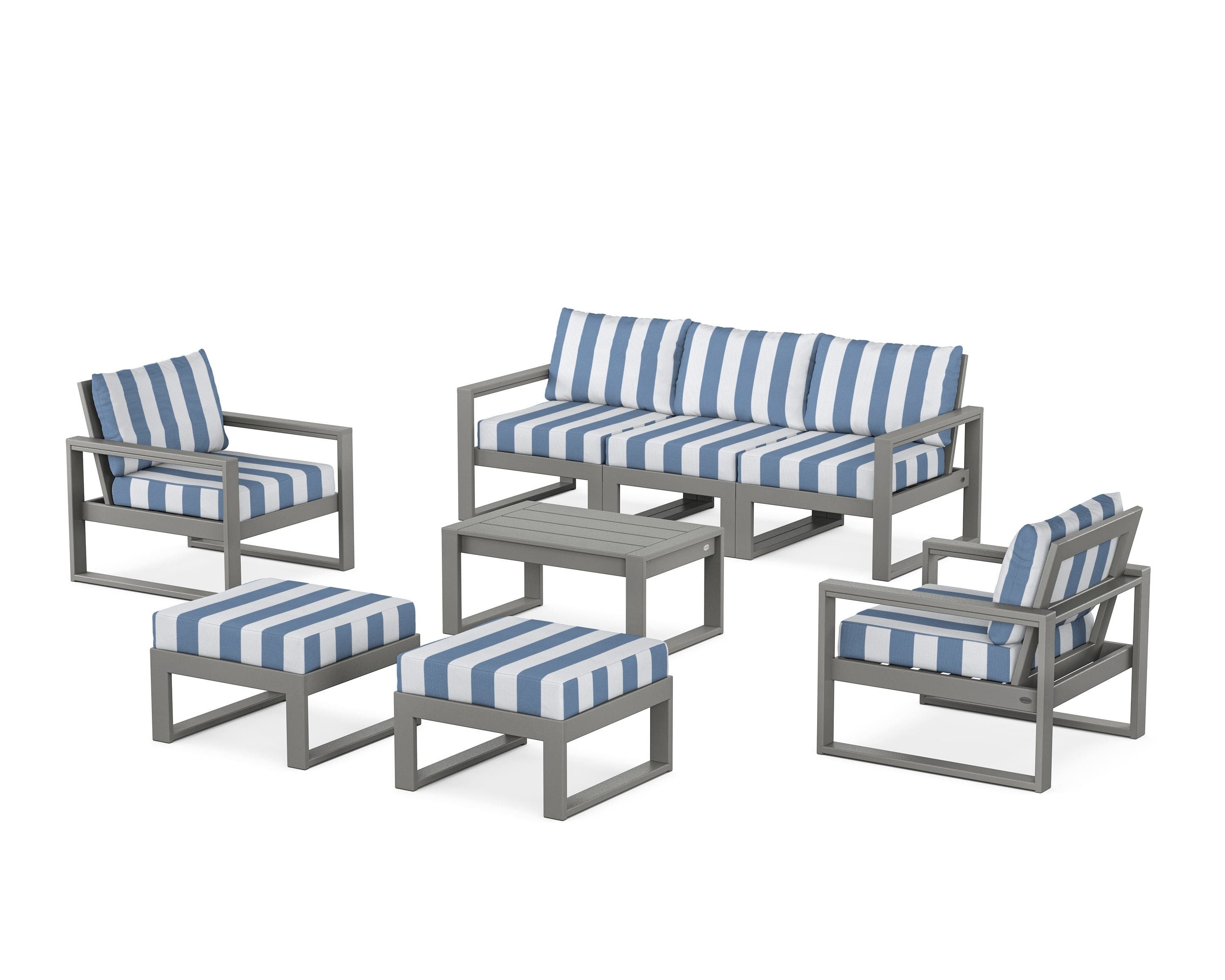 POLYWOOD® EDGE Sectional 8-Piece Lounge Sofa Set in Slate Grey / Cabana Stripe Sky Blue
