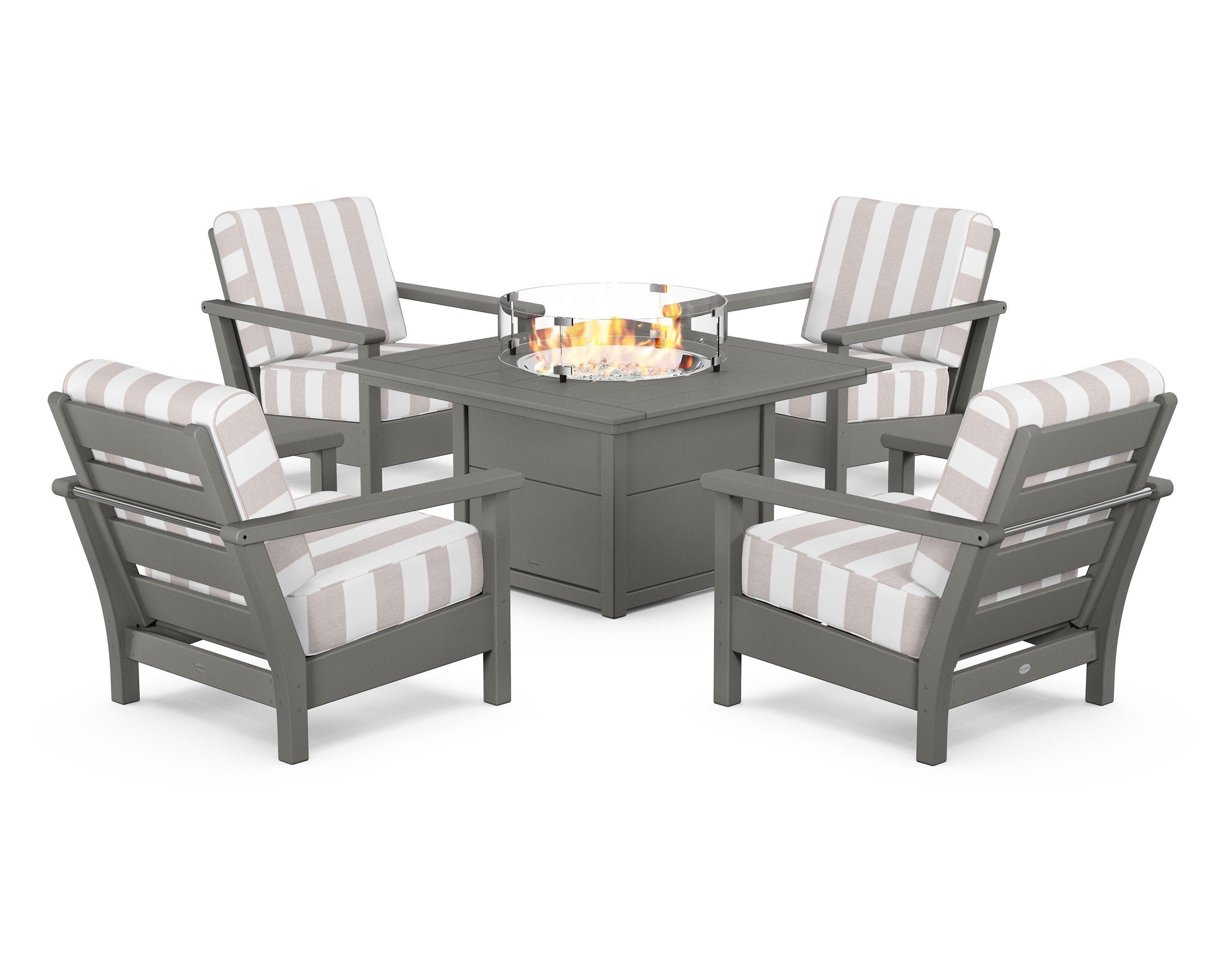 POLYWOOD® Harbour 5-Piece Conversation Set with Fire Pit Table in Slate Grey / Cabana Stripe Dune Burlap