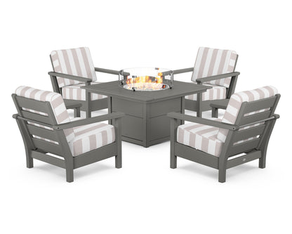 POLYWOOD® Harbour 5-Piece Conversation Set with Fire Pit Table in Slate Grey / Cabana Stripe Dune Burlap