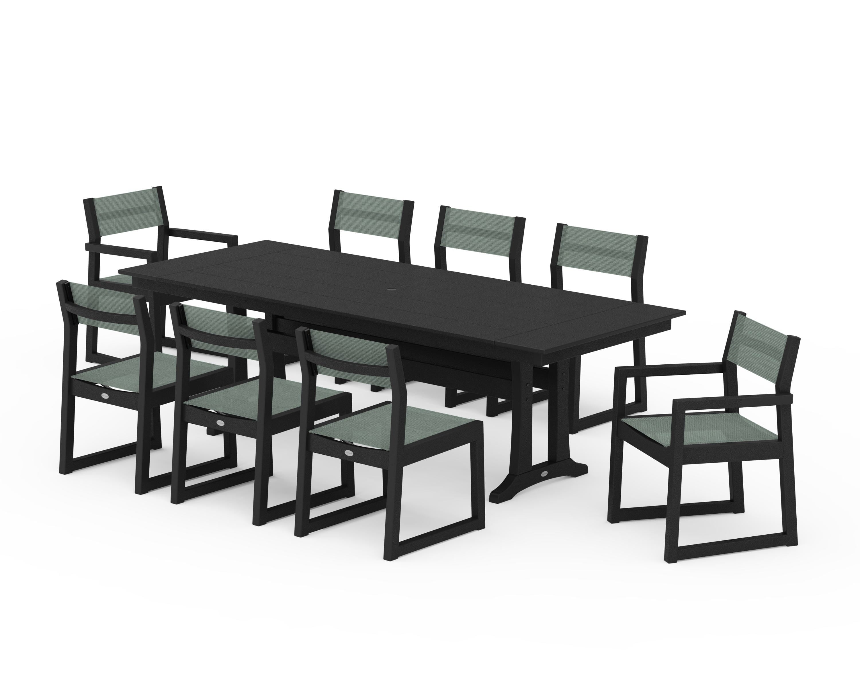 POLYWOOD® EDGE Sling 9-Piece Farmhouse Trestle Dining Set in Black / Dupioni Sea Mist Sling