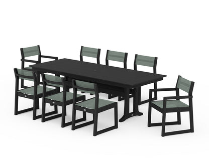 POLYWOOD® EDGE Sling 9-Piece Farmhouse Trestle Dining Set in Black / Dupioni Sea Mist Sling