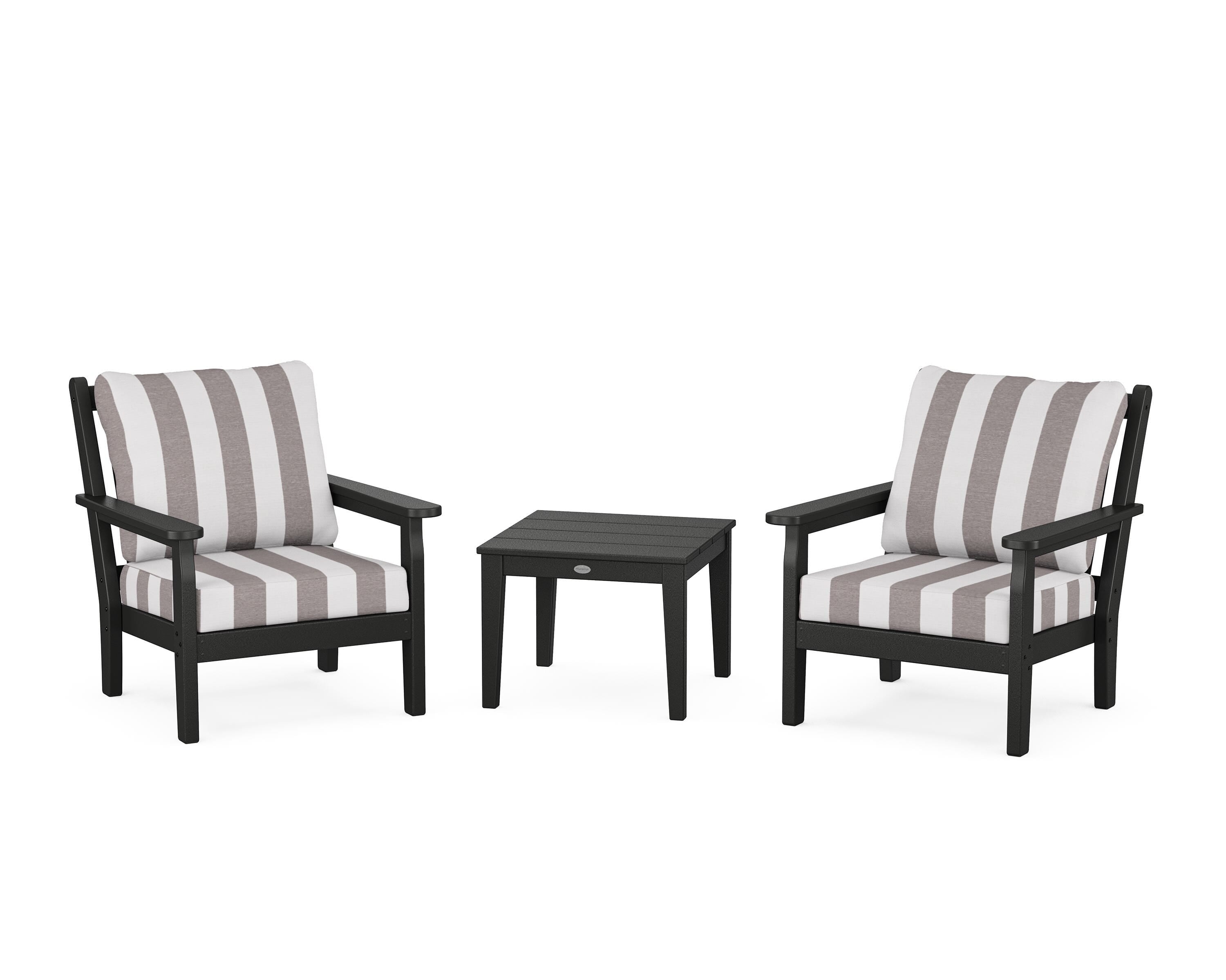 POLYWOOD® Chippendale 3-Piece Deep Seating Set in Black / Cabana Stripe Grey Mist