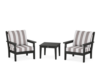 POLYWOOD® Chippendale 3-Piece Deep Seating Set in Black / Cabana Stripe Grey Mist