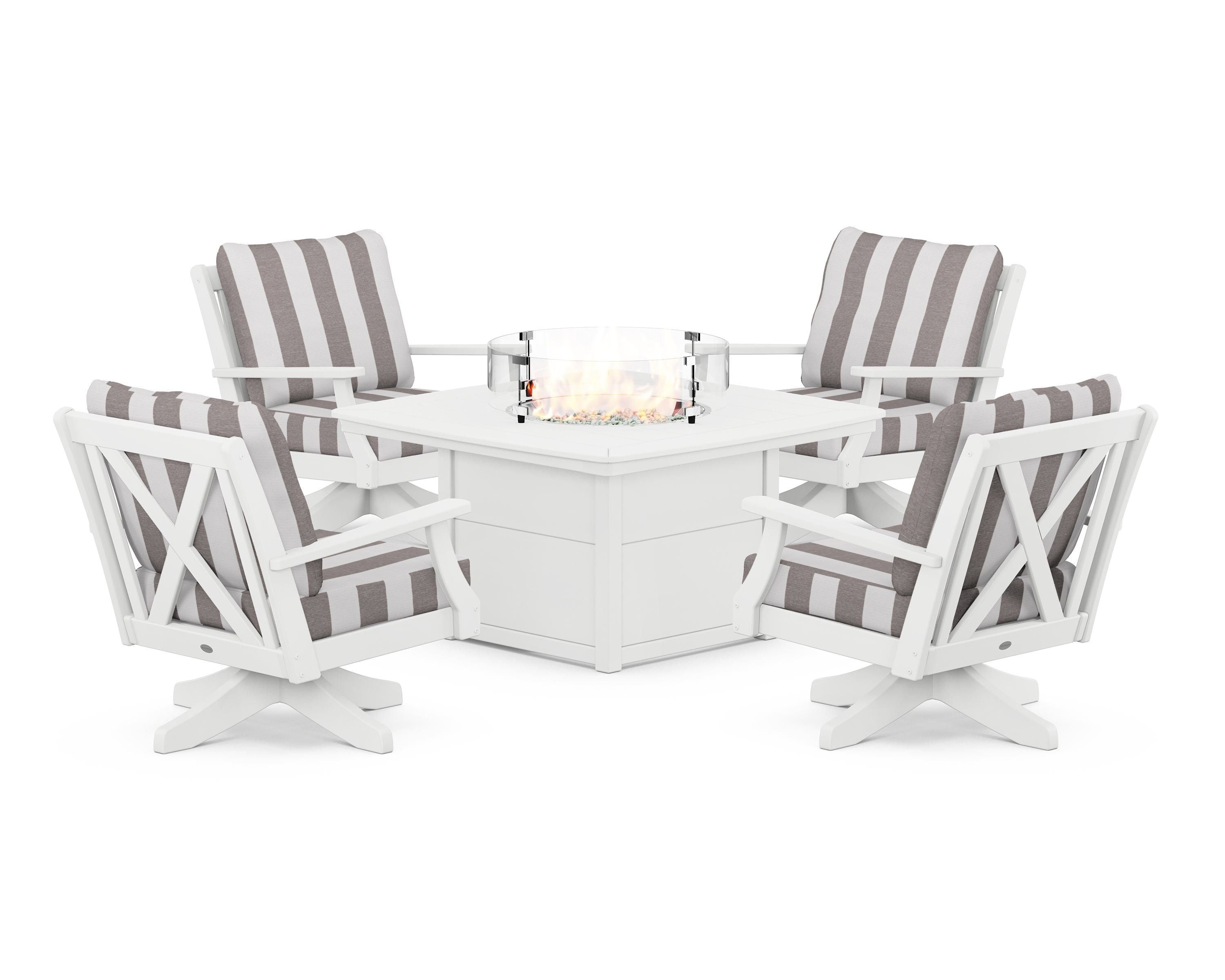 POLYWOOD® Braxton 5-Piece Deep Seating Swivel Conversation Set with Fire Pit Table in White / Cabana Stripe Grey Mist