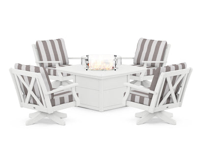 POLYWOOD® Braxton 5-Piece Deep Seating Swivel Conversation Set with Fire Pit Table in White / Cabana Stripe Grey Mist
