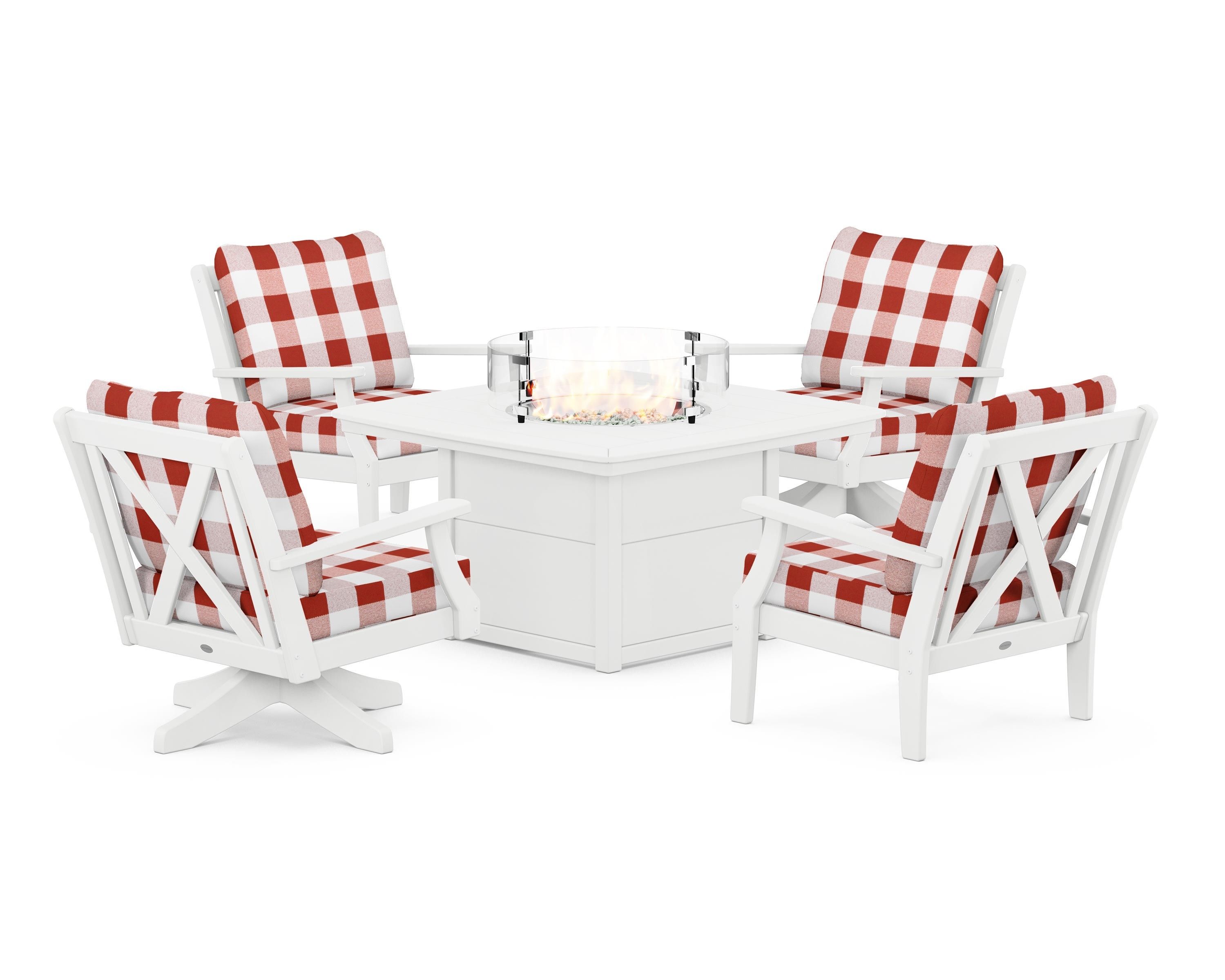 POLYWOOD® Braxton 5-Piece Deep Seating Set with Fire Table in White / Buffalo Plaid Crimson