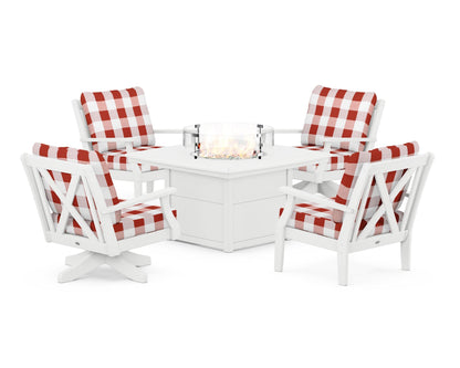 POLYWOOD® Braxton 5-Piece Deep Seating Set with Fire Table in White / Buffalo Plaid Crimson
