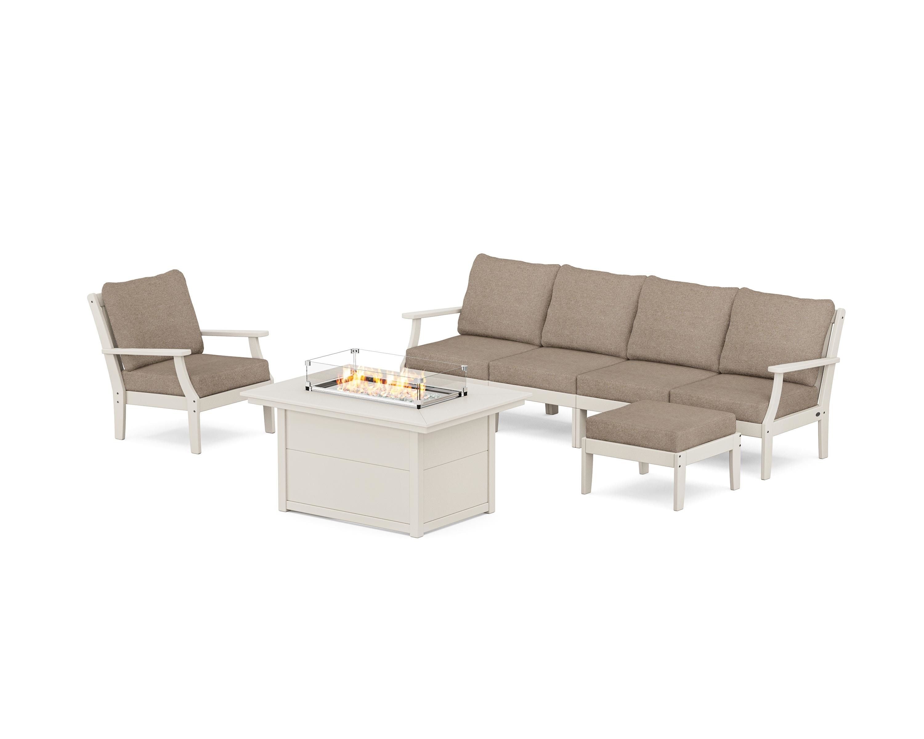 POLYWOOD® Braxton Sectional Lounge and Fire Pit Set in Sand / Spiced Burlap