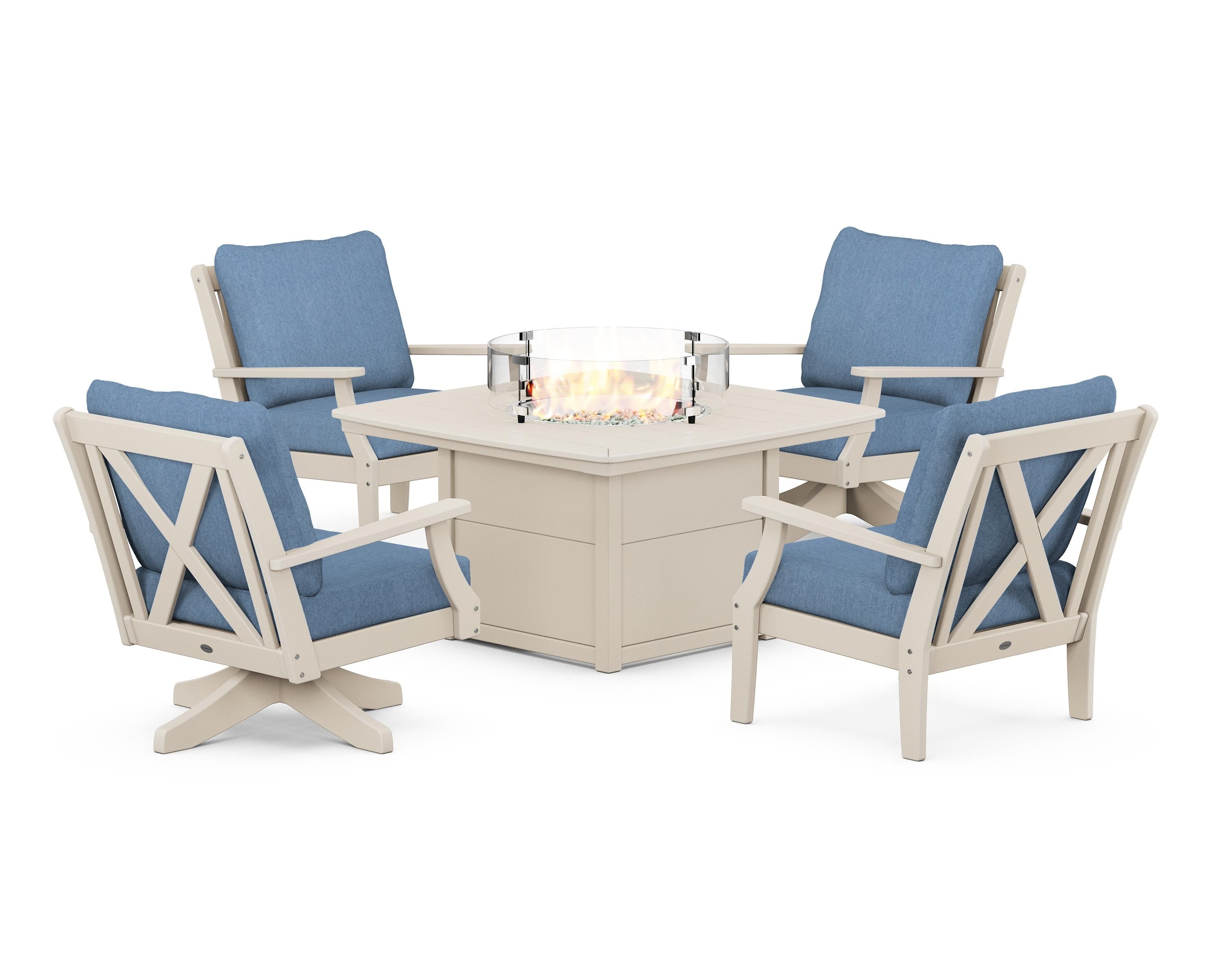POLYWOOD® Braxton 5-Piece Deep Seating Set with Fire Table in Sand / Sky Blue