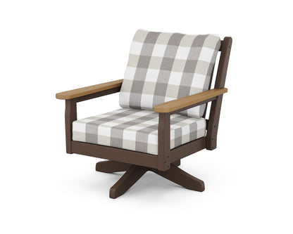 POLYWOOD® Chippendale Deep Seating Swivel Chair in Mahogany / Natural / Buffalo Plaid Grey Mist