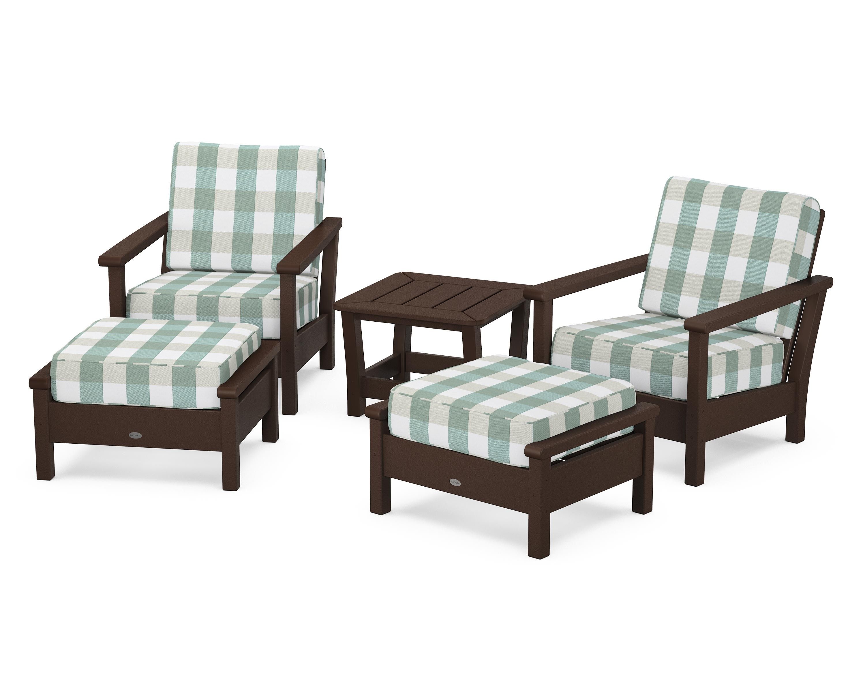 POLYWOOD® Harbour 5-Piece Deep Seating Chair Set in Mahogany / Buffalo Plaid Glacier Spa
