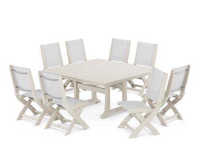POLYWOOD® Coastal Folding Side Chair 9-Piece Dining Set with Trestle Legs in Sand / White Sling