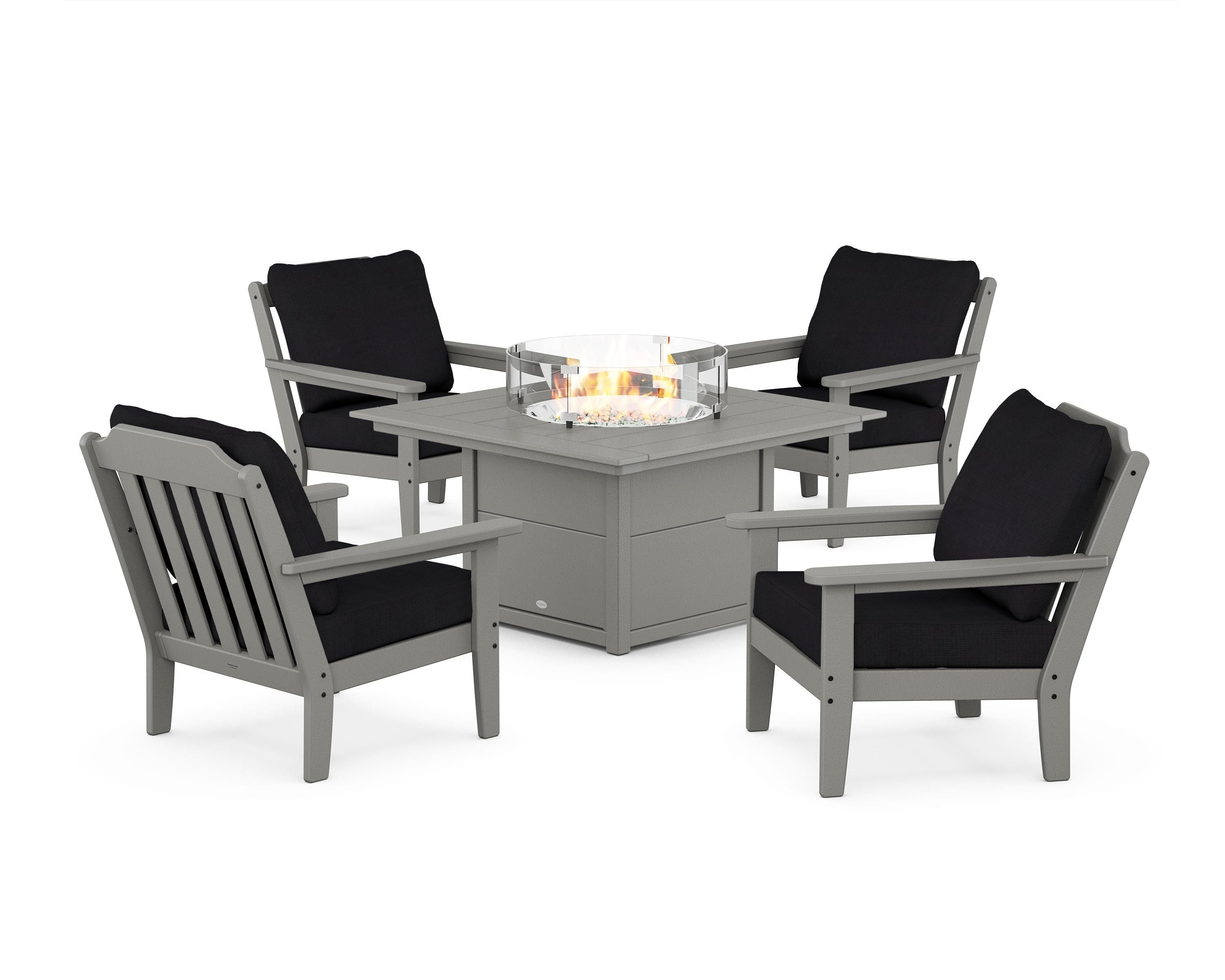 Country Living Cottage 5-Piece Deep Seating Set with Fire Pit Table in Slate Grey / Midnight Linen