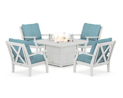 POLYWOOD® Braxton 5-Piece Deep Seating Conversation Set with Fire Pit Table in White / Lattice Sky Blue