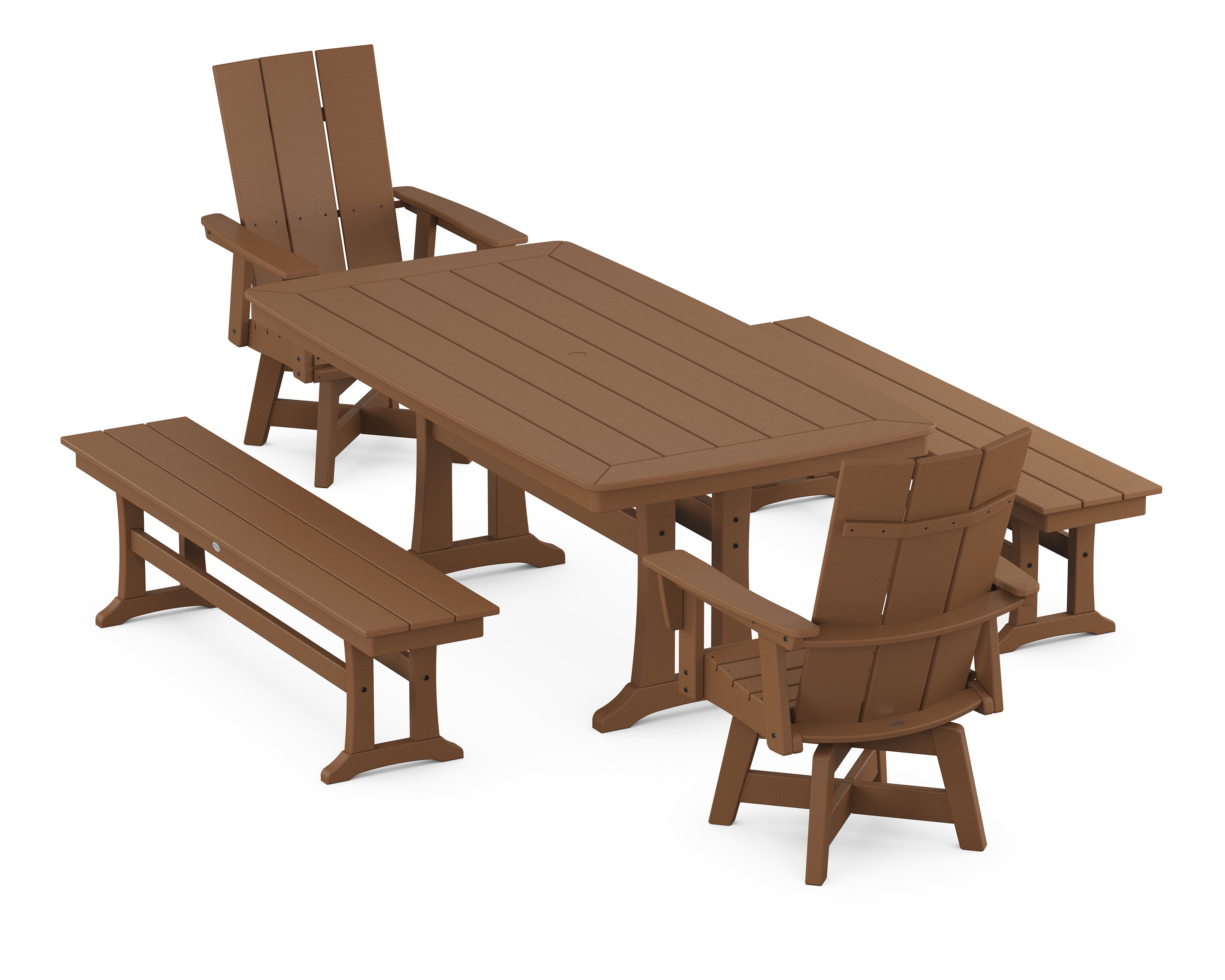 POLYWOOD® Modern Curveback Adirondack Swivel Chair 5-Piece Dining Set with Trestle Legs and Benches in Teak