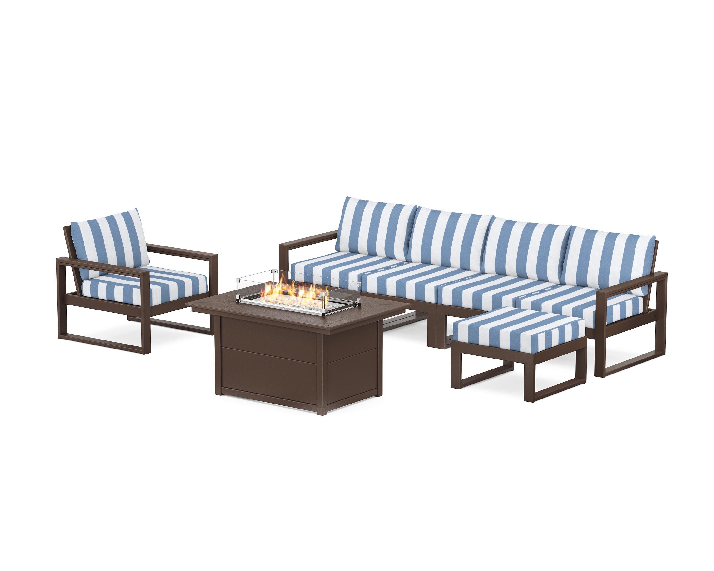 POLYWOOD® EDGE Sectional Lounge and Fire Pit Set in Mahogany / Cabana Stripe Sky Blue