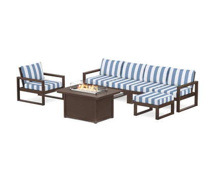 POLYWOOD® EDGE Sectional Lounge and Fire Pit Set in Mahogany / Cabana Stripe Sky Blue