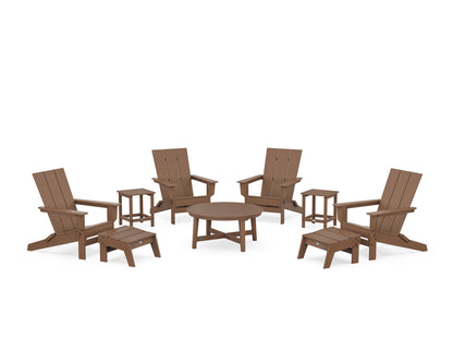 POLYWOOD® Modern Studio Folding Adirondack 9-Piece Conversation Set in Teak