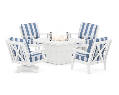 POLYWOOD® Braxton 5-Piece Deep Seating Set with Fire Table in White / Cabana Stripe Sky Blue