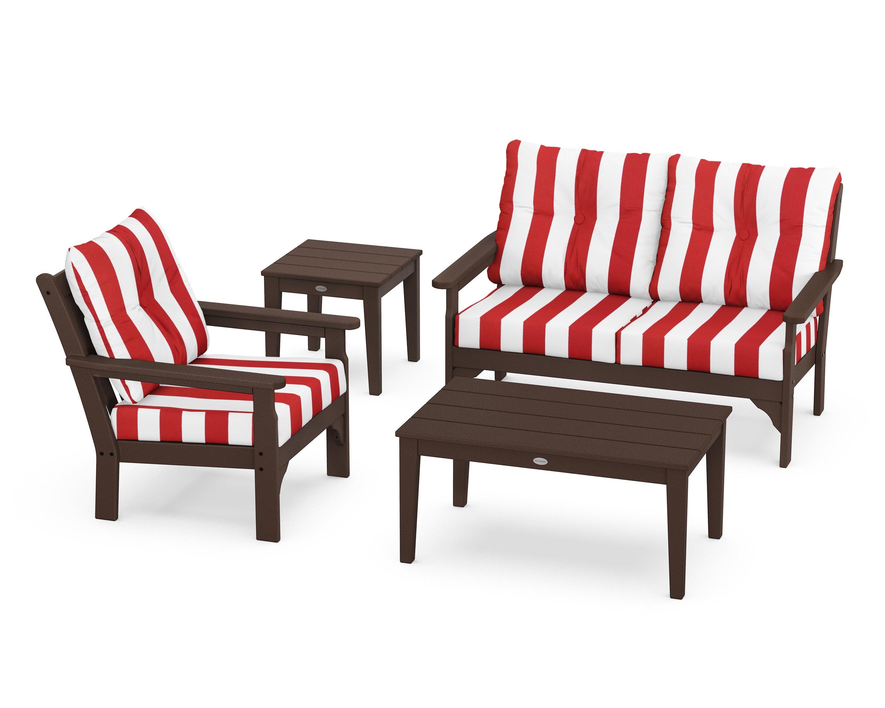 POLYWOOD® Vineyard 4-Piece Deep Seating Set in Mahogany / Cabana Stripe Crimson