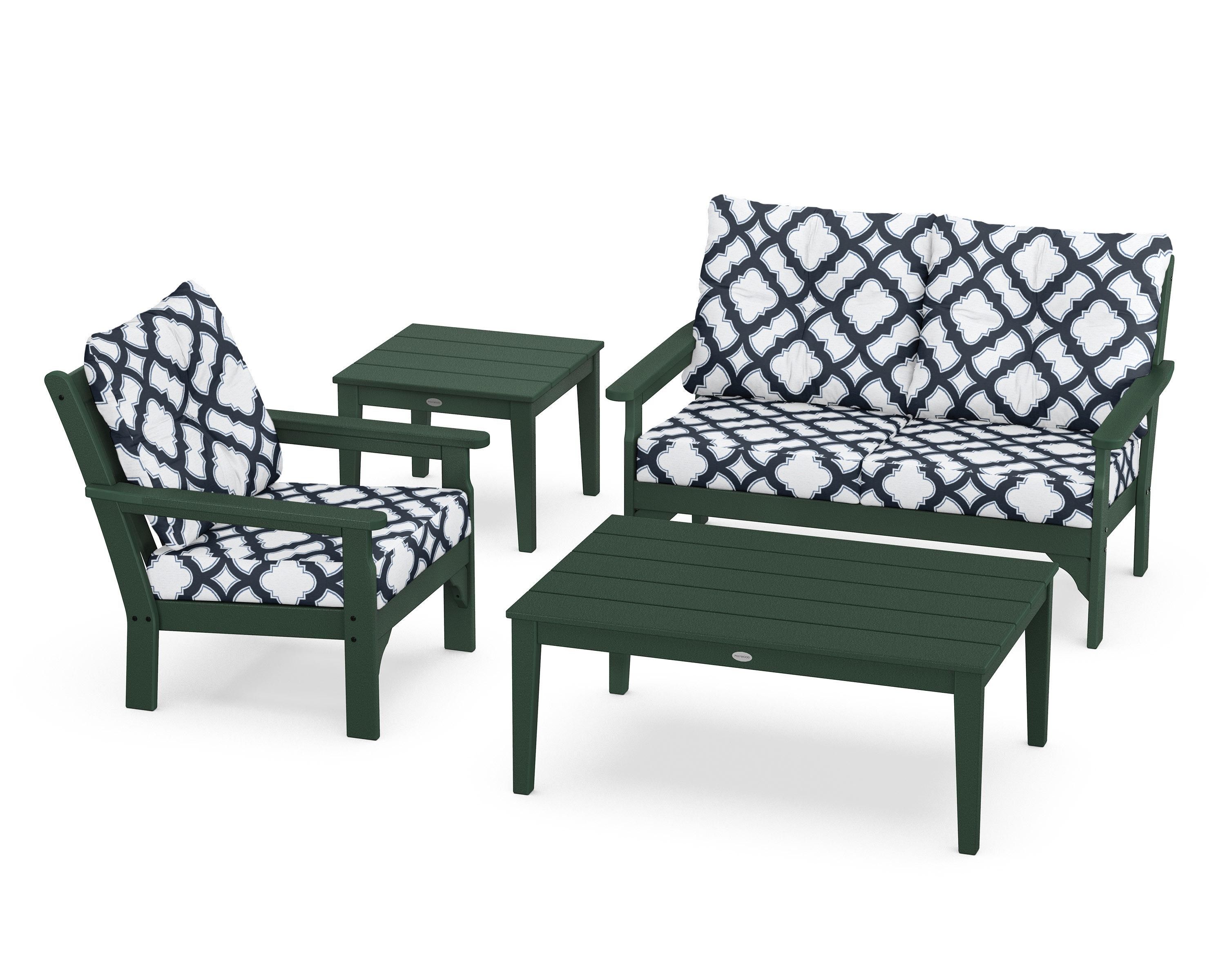 POLYWOOD® Vineyard 4-Piece Deep Seating Set in Green / Trellis Marine Indigo