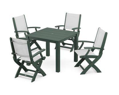 POLYWOOD® Coastal Folding Chair 5-Piece Parsons Dining Set in Green / White Sling