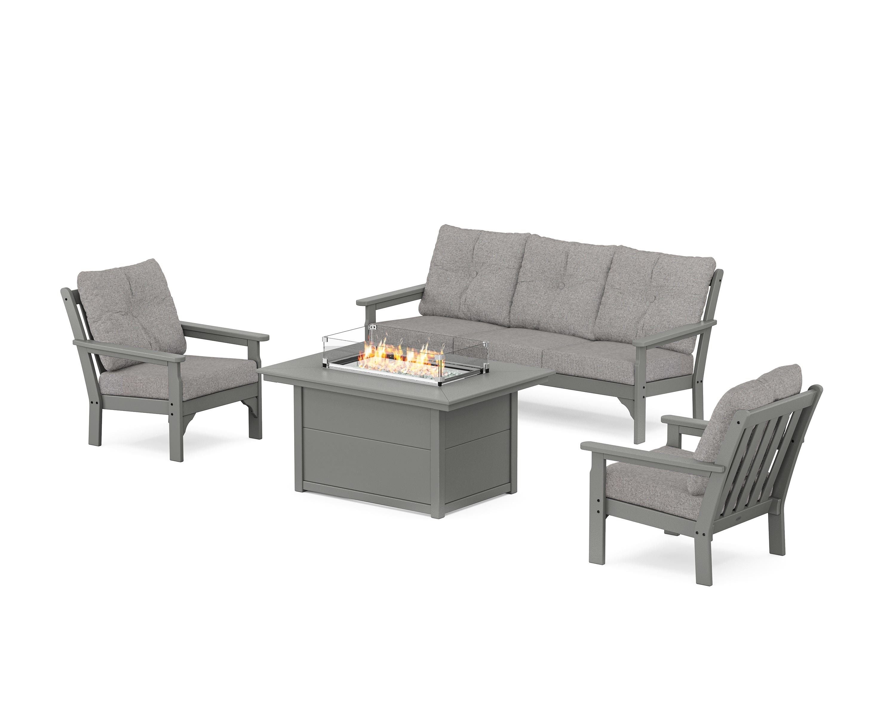 POLYWOOD® Vineyard Deep Seating Fire Pit Table Set in Slate Grey / Grey Mist