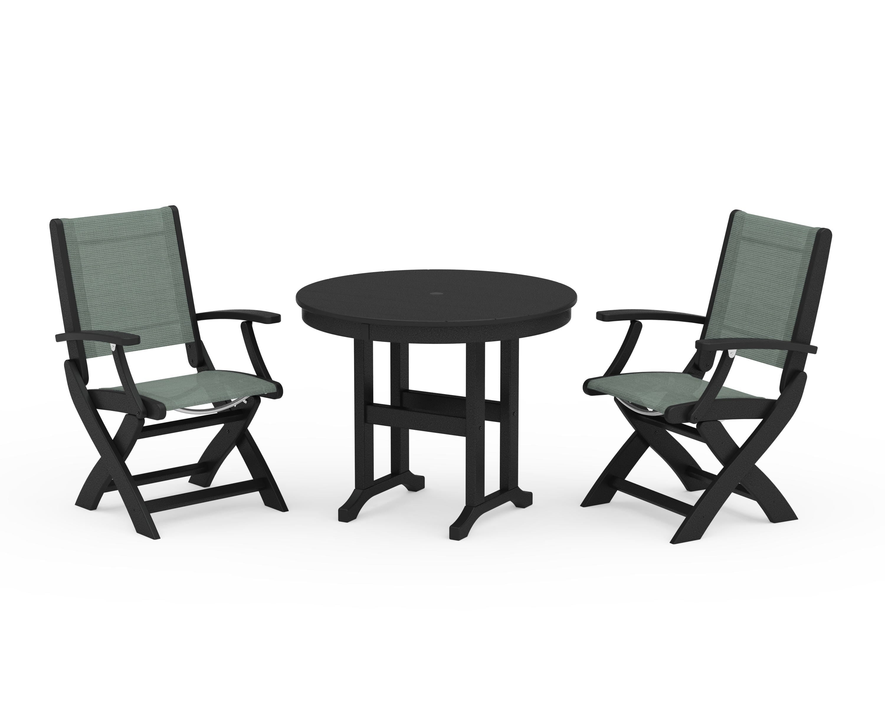 POLYWOOD® Coastal Folding Chair 3-Piece Round Dining Set in Black / Dupioni Sea Mist Sling