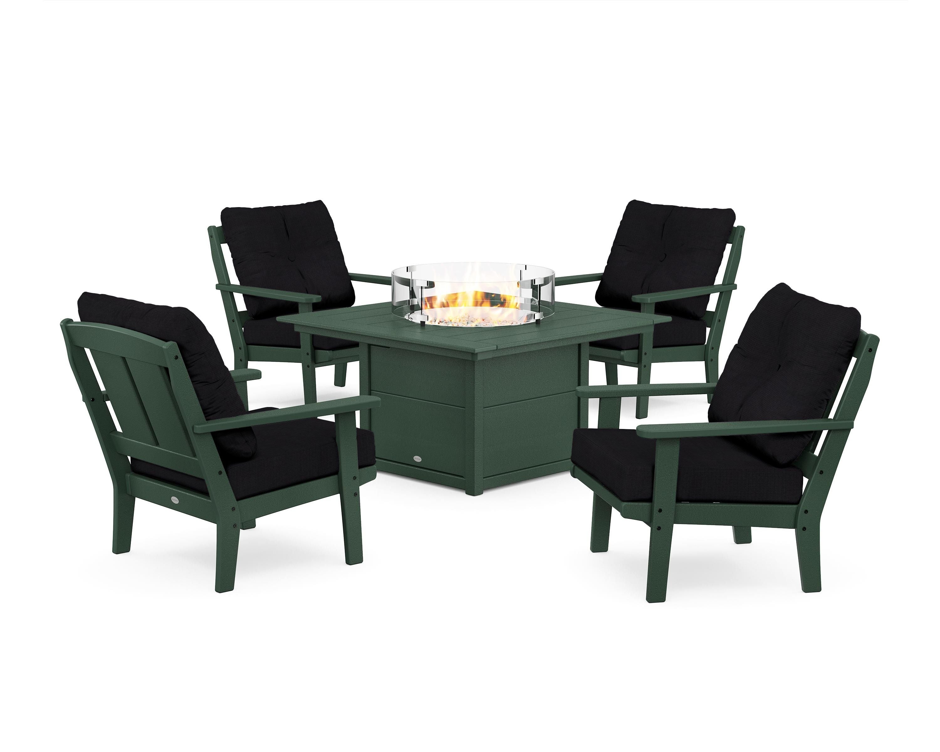 POLYWOOD® Mission 5-Piece Deep Seating Set with Fire Pit Table in Green / Midnight Linen