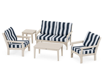 POLYWOOD® Vineyard 5-Piece Deep Seating Set in Sand / Cabana Stripe Marine Indigo