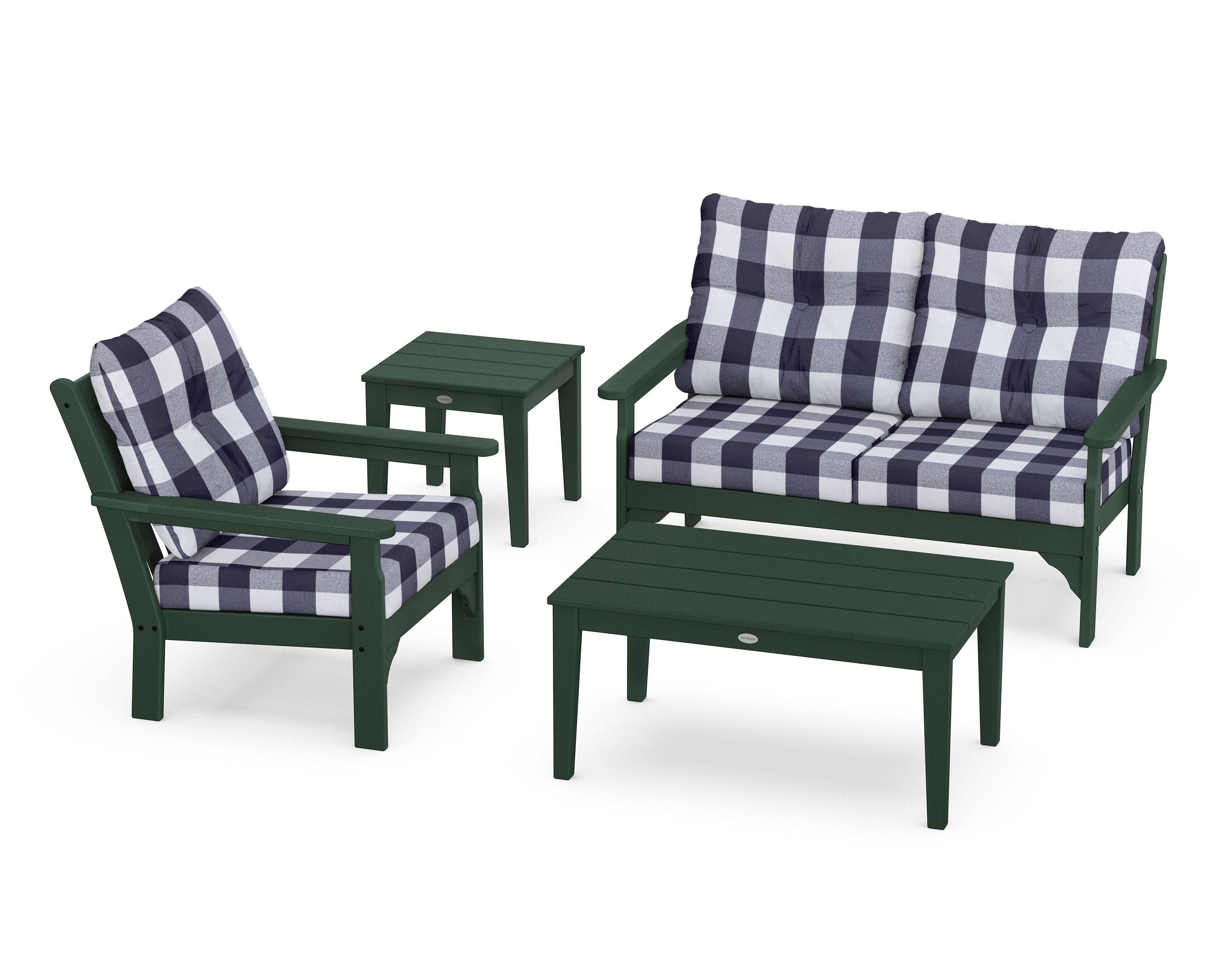 POLYWOOD® Vineyard 4-Piece Deep Seating Set in Green / Buffalo Plaid Navy