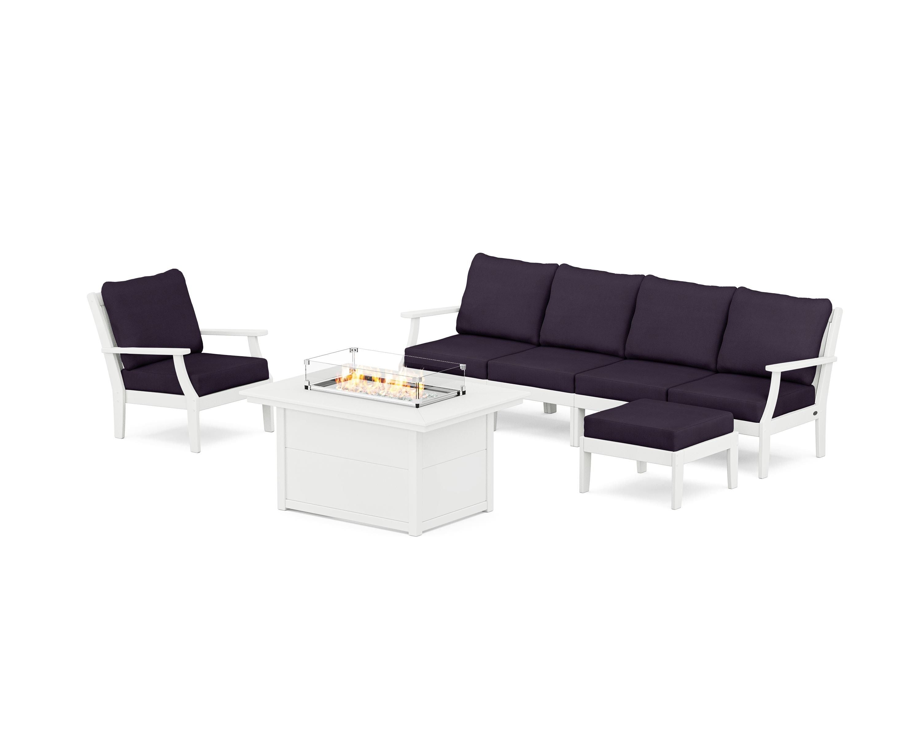 POLYWOOD® Braxton Sectional Lounge and Fire Pit Set in White / Navy Linen
