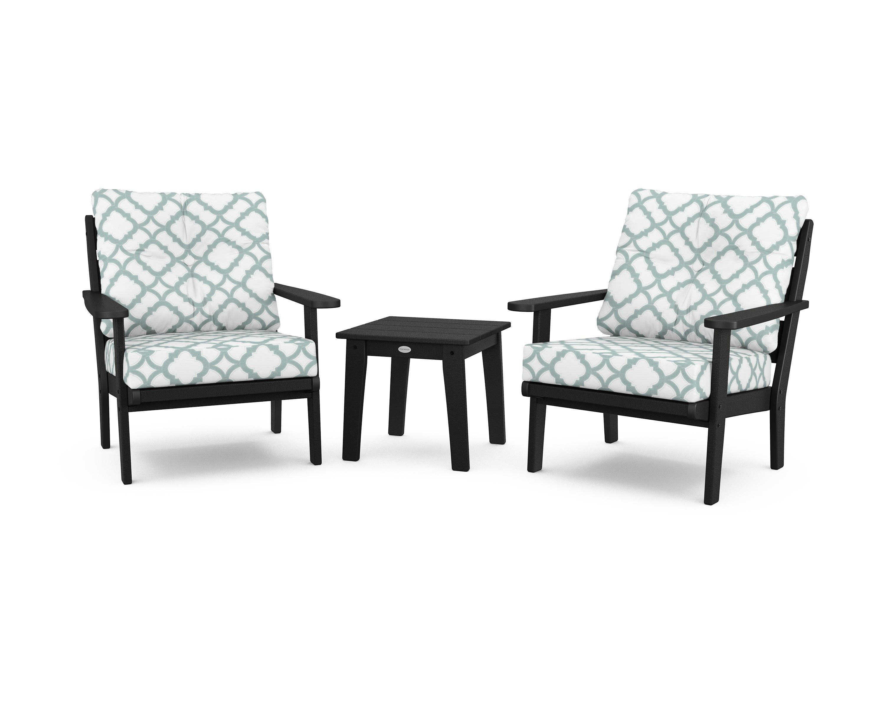 POLYWOOD® Lakeside 3-Piece Deep Seating Chair Set in Black / Trellis Glacier Spa