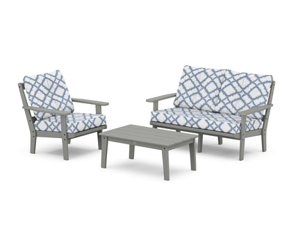POLYWOOD® Oxford 3-Piece Deep Seating Set with Loveseat in Slate Grey / Trellis Sky Blue