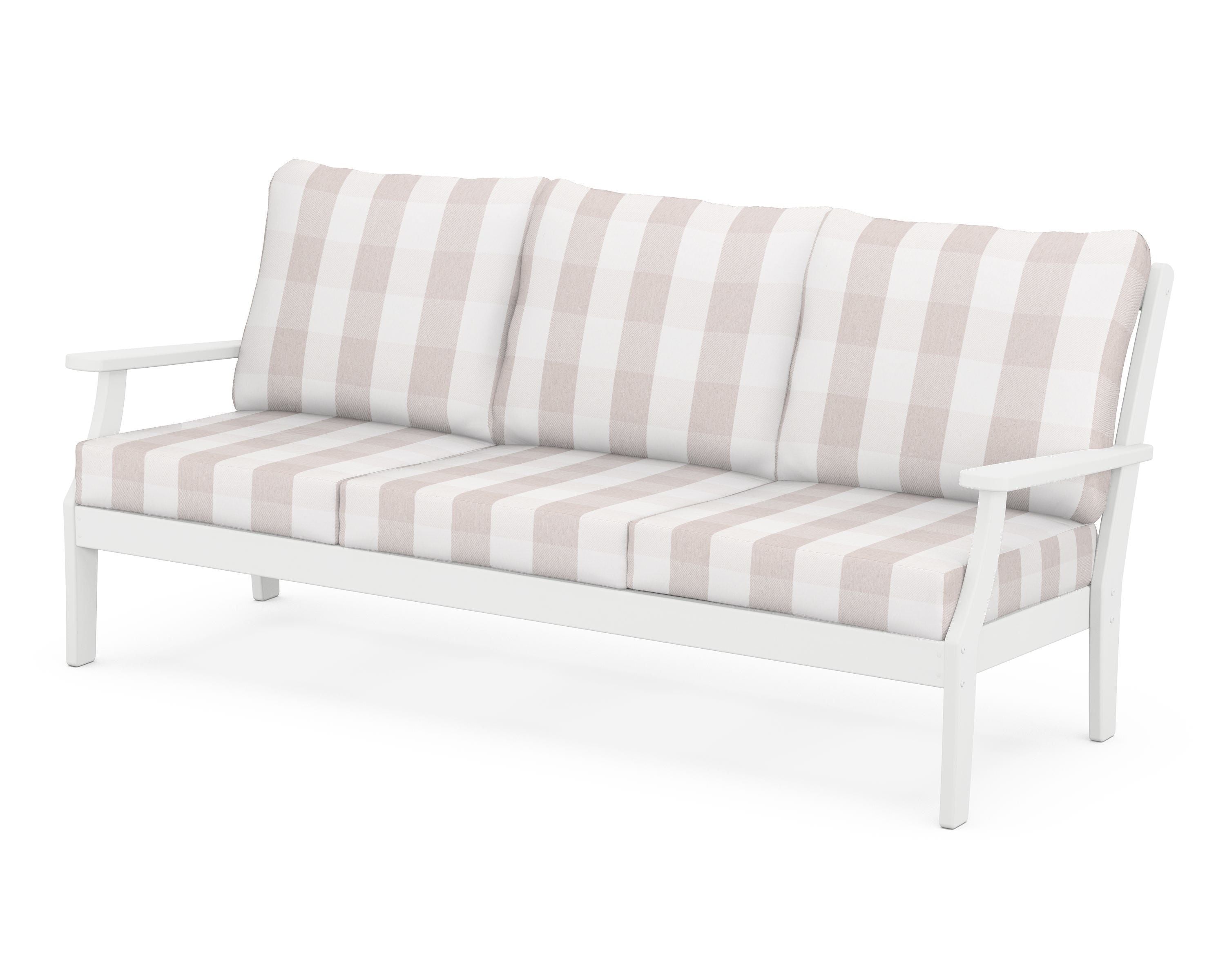 POLYWOOD® Braxton Deep Seating Sofa in White / Buffalo Plaid Dune Burlap