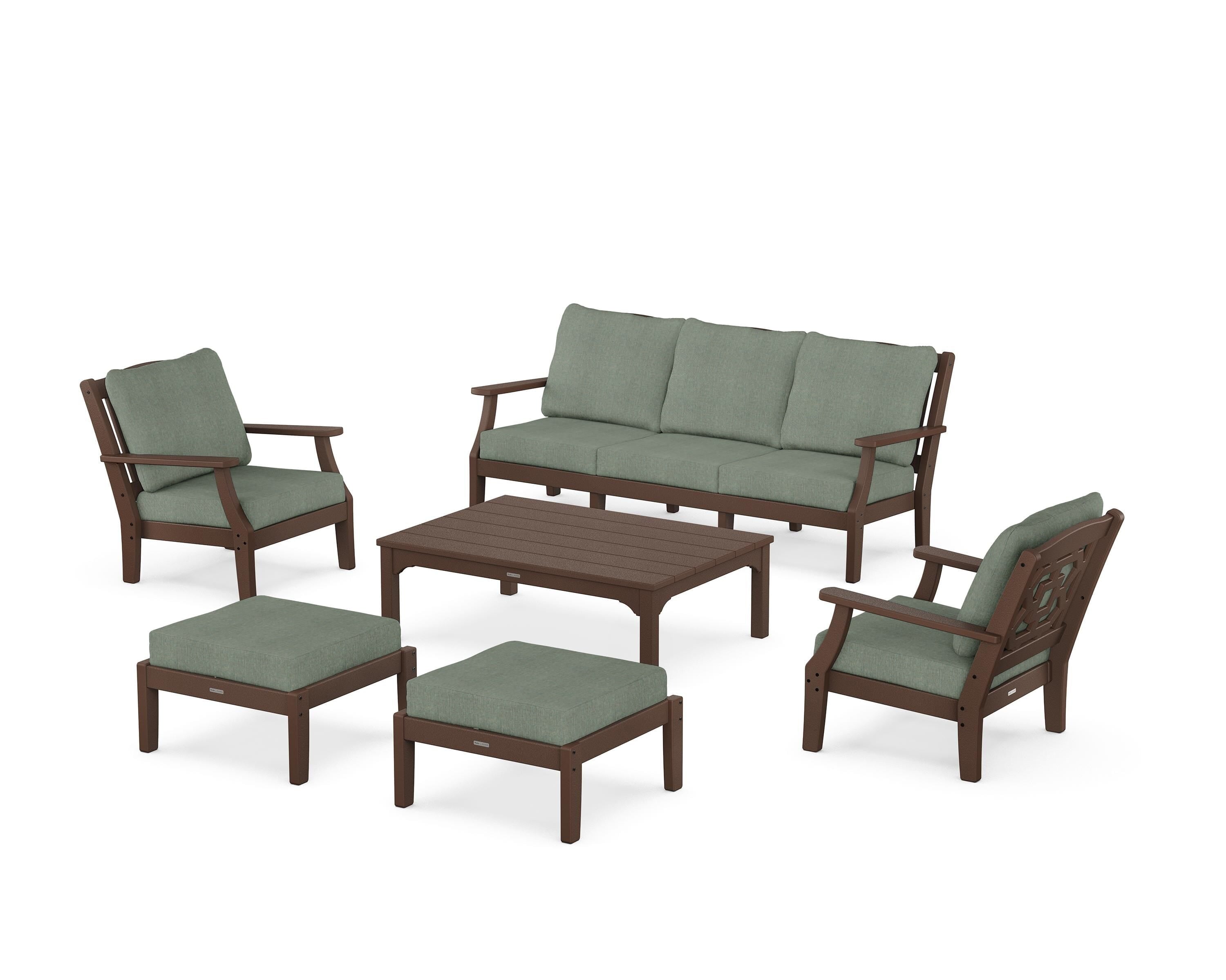 Martha Stewart by POLYWOOD® Chinoiserie 6-Piece Lounge Sofa Set in Mahogany / Cast Sage