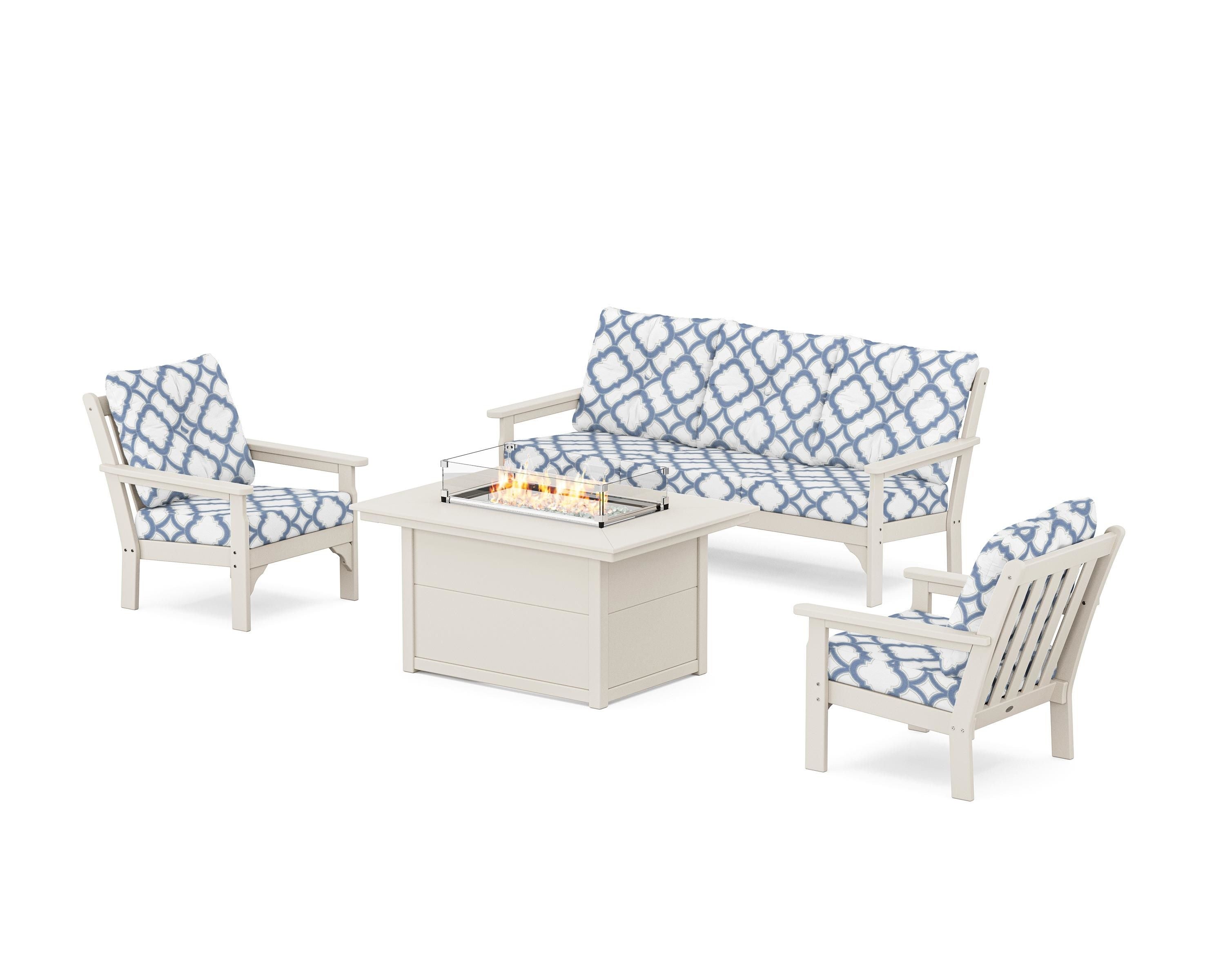 POLYWOOD® Vineyard Deep Seating Fire Pit Table Set in Sand / Trellis Sky Blue