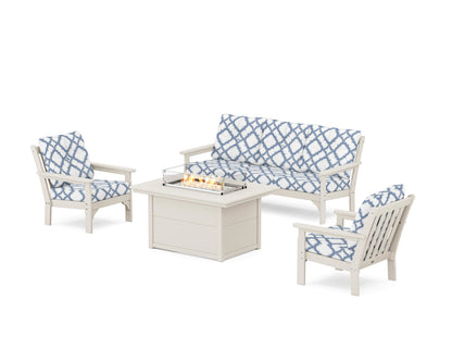 POLYWOOD® Vineyard Deep Seating Fire Pit Table Set in Sand / Trellis Sky Blue