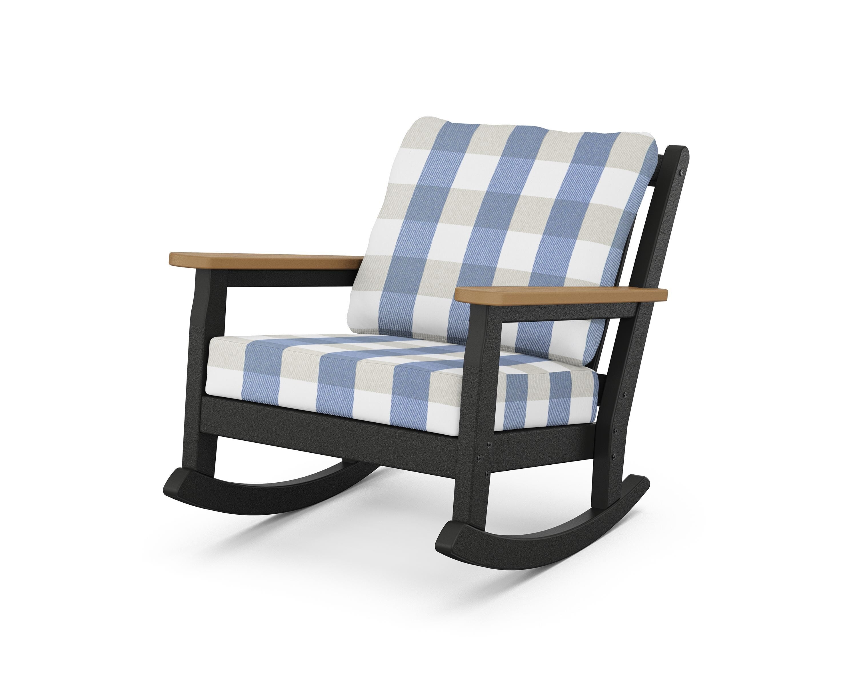 POLYWOOD® Chippendale Deep Seating Rocking Chair in Black / Natural / Buffalo Plaid Sky Blue