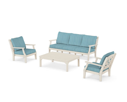 Martha Stewart by POLYWOOD® Chinoiserie 4-Piece Deep Seating Set with Sofa in Sand / Lattice Sky Blue