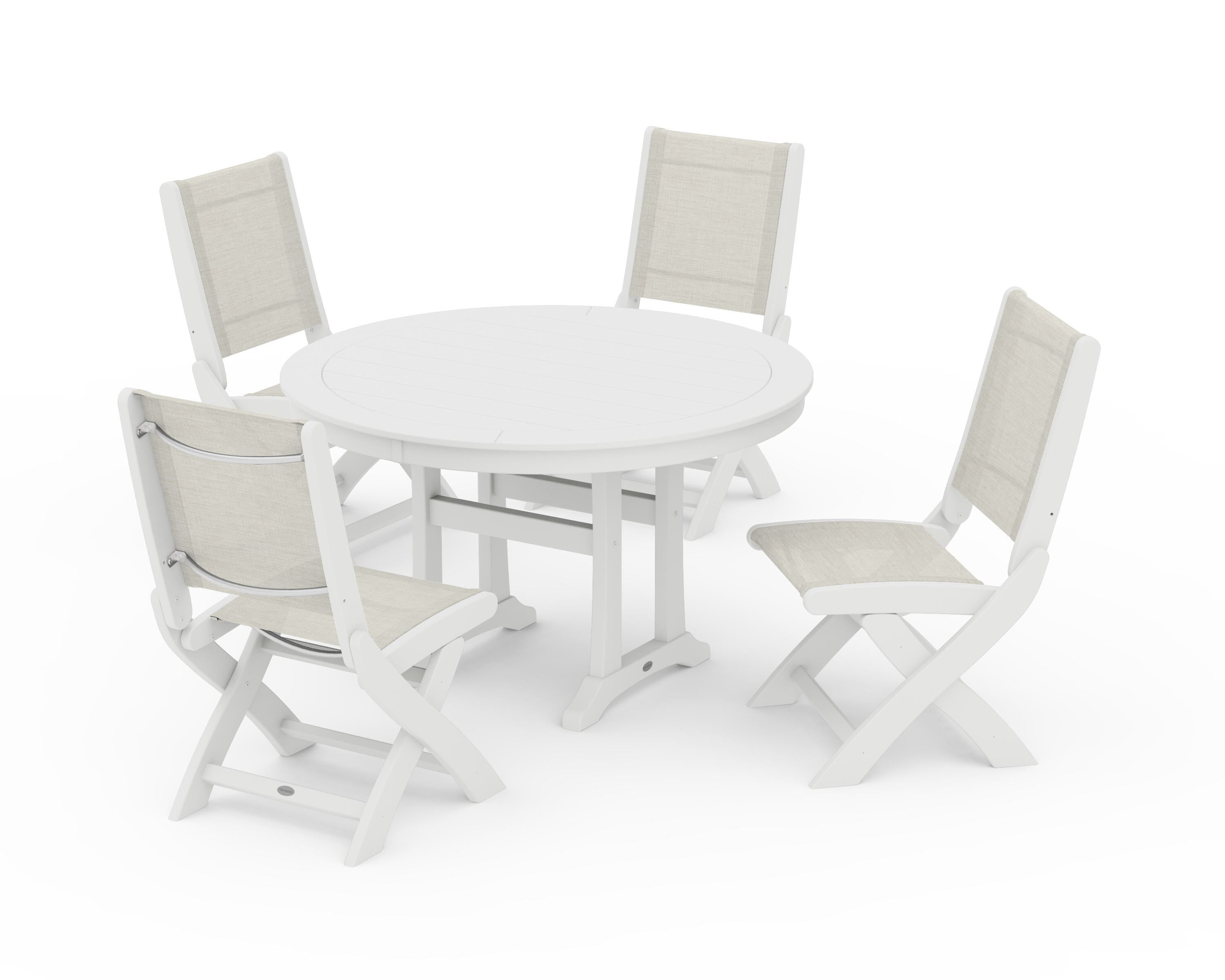 POLYWOOD® Coastal Folding Side Chair 5-Piece Round Dining Set With Trestle Legs in White / Parchment Sling