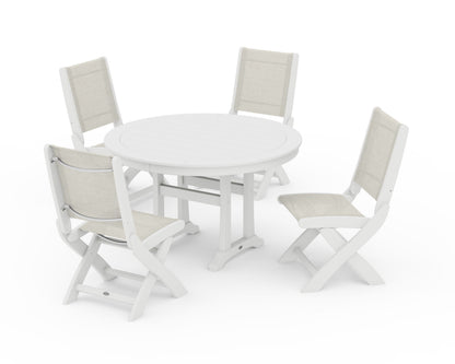 POLYWOOD® Coastal Folding Side Chair 5-Piece Round Dining Set With Trestle Legs in White / Parchment Sling