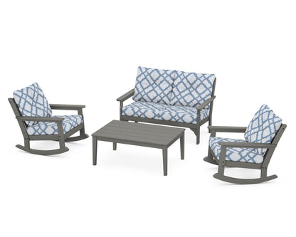 POLYWOOD® Vineyard 4-Piece Deep Seating Rocking Chair Set in Slate Grey / Trellis Sky Blue