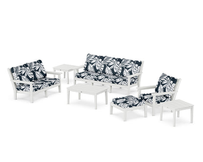 POLYWOOD® Chippendale 7-Piece Deep Seating Set in White / Leaf Marine Indigo