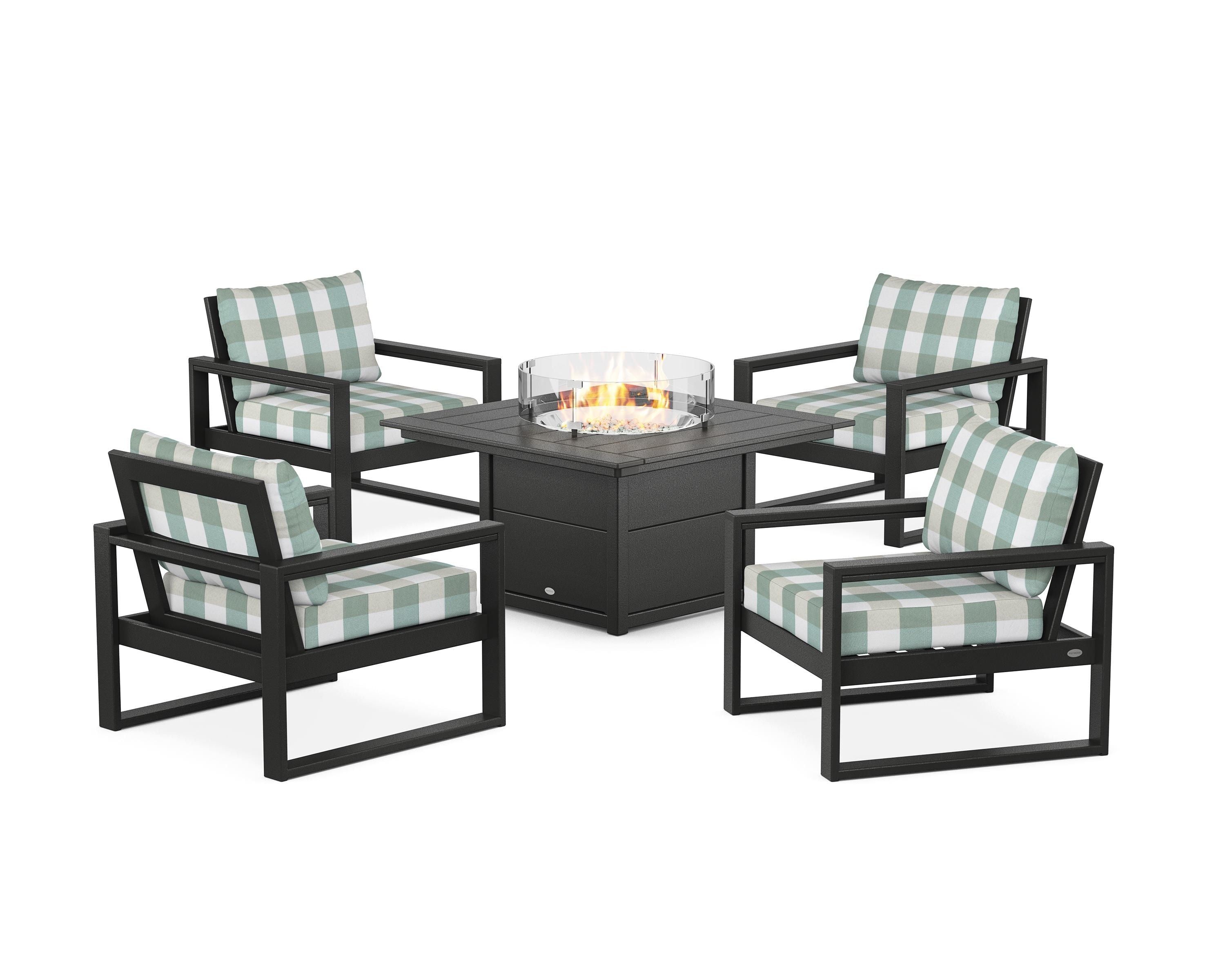 POLYWOOD® EDGE Sectional 5-Piece Deep Seating Set with Fire Pit Table in Black / Buffalo Plaid Glacier Spa